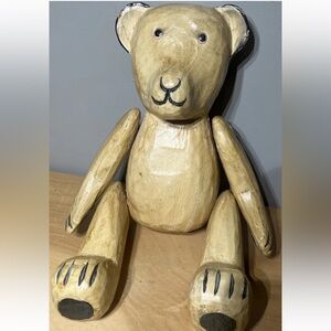 Vintage Wooden Hand Carved Teddy Bear Whimsical Animal Cabin Decor Woodland Folk